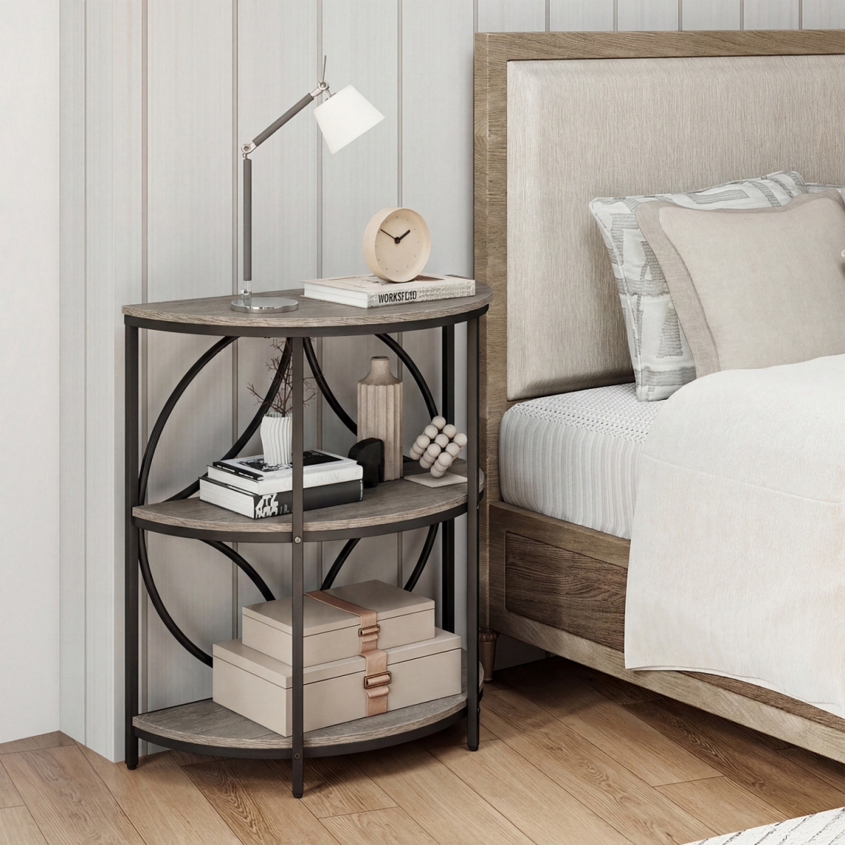 JV13931GR-1 3-Tier Half Round End Table with Study Metal Frame for Living Room - Gray