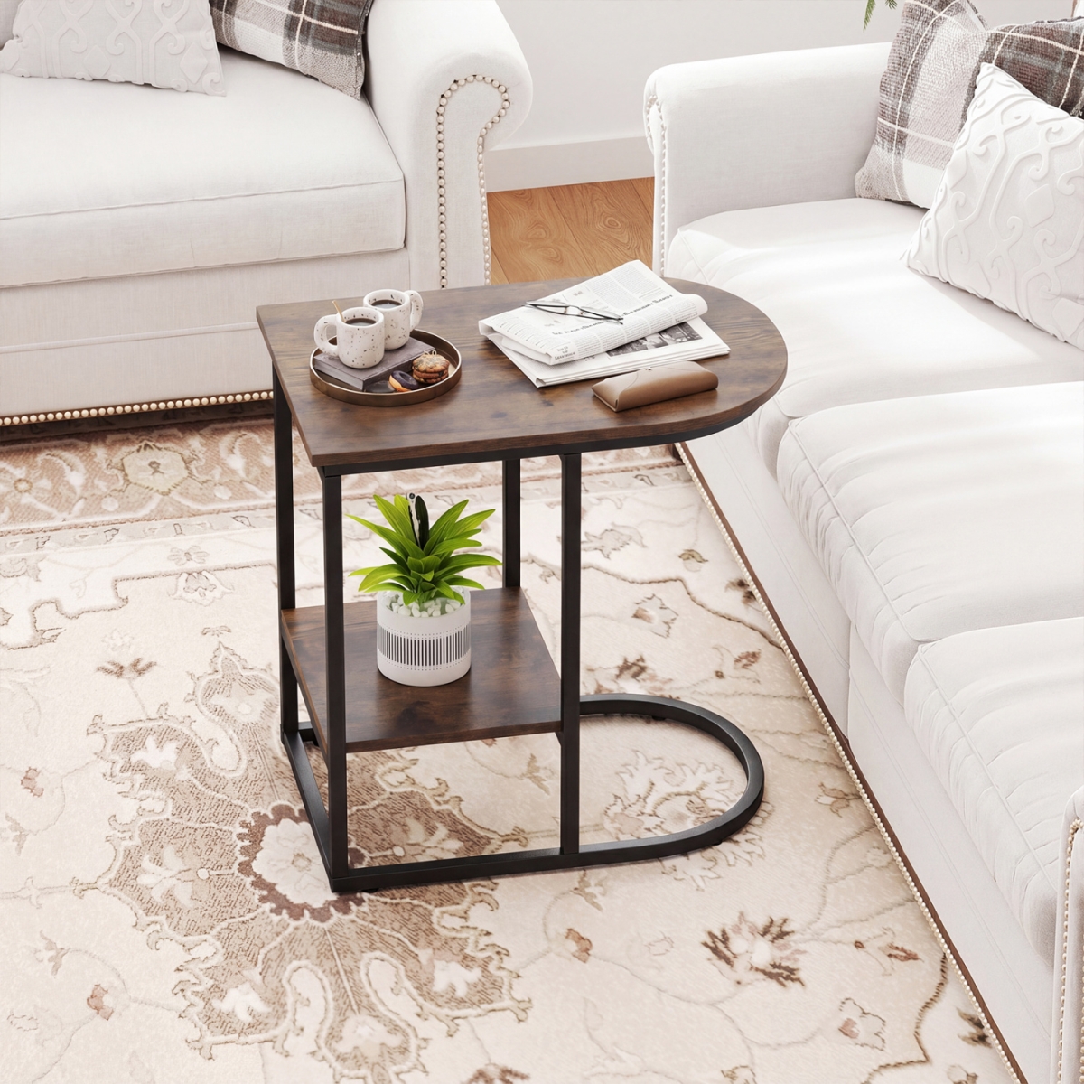 JV13978CF C-Shaped Modern Sofa Side Table with Faux Marble Tabletop & Storage Shelf - Rustic Brown