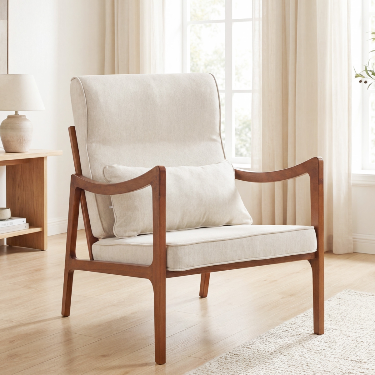 JV13991WH Modern Accent Chair with Solid Rubber Wood Faux Leather Upholstered Armchair - White