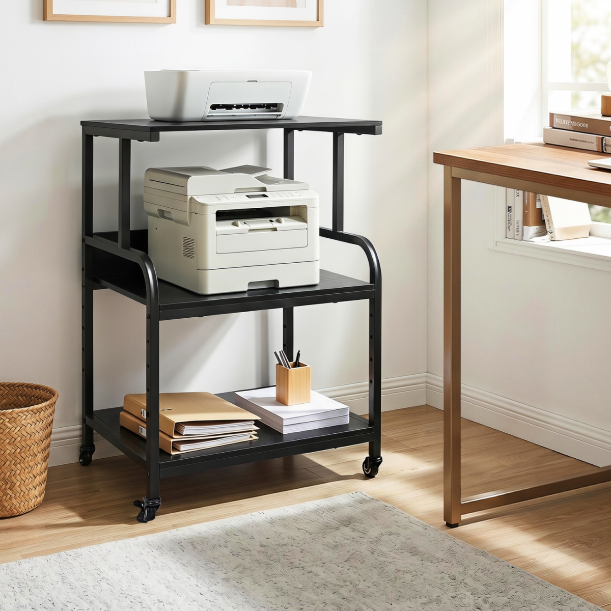 JV14000DK 3-Tier Rolling Printer Stand with Adjustable Shelf & Lockable Wheels - Black