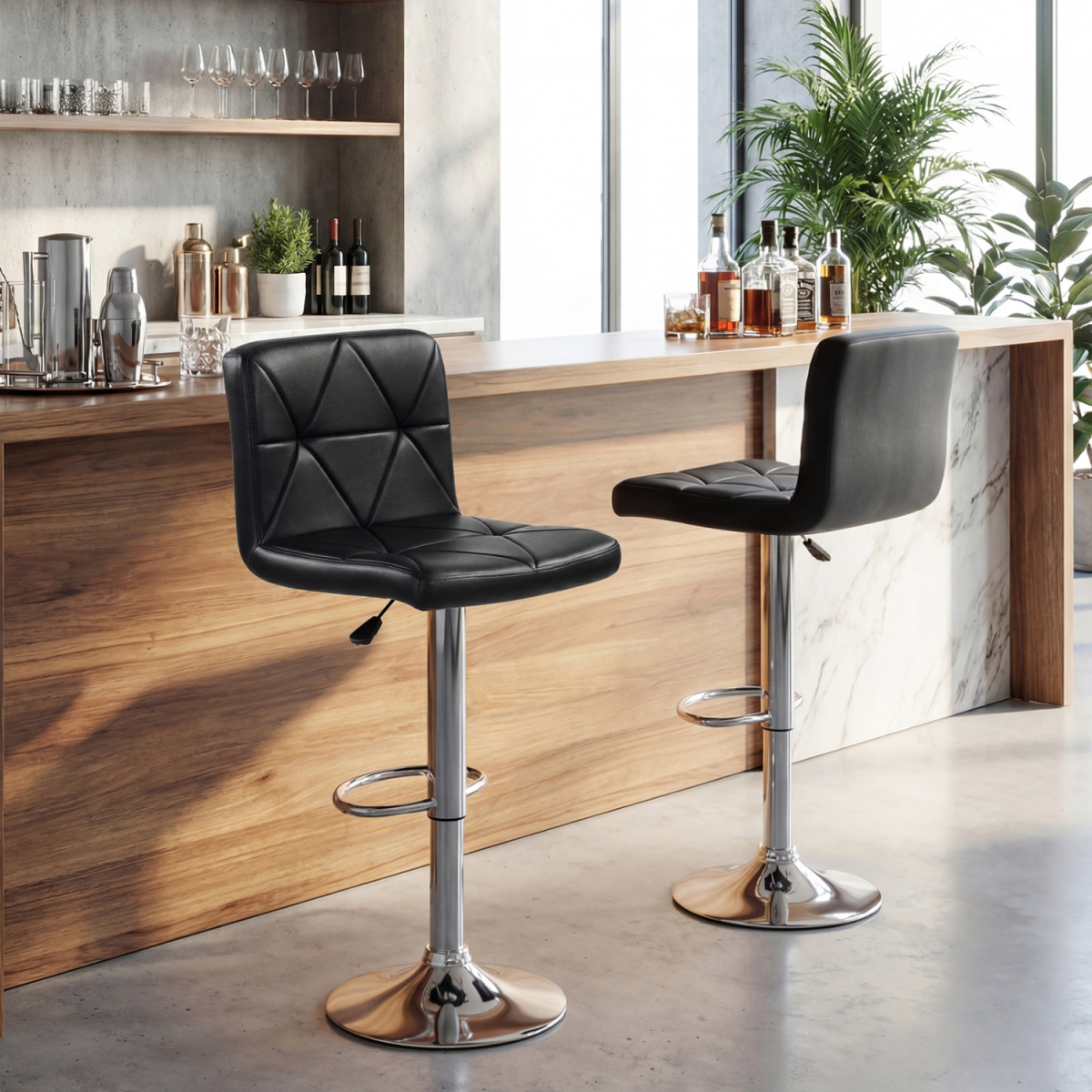 JV14003DK-2 Adjustable Swivel Barstools with Back & Footrest - Black - Set of 2