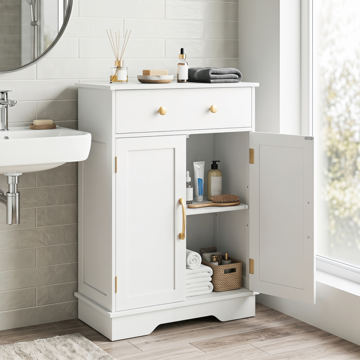 JV14087WH Floor Storage Cabinet with Doors Modern Buffet Sideboard with Drawer & Adjustable Shelf - White