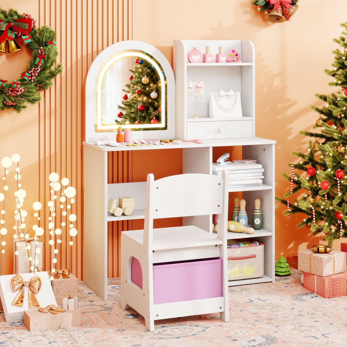 TP10450WH Kids Vanity Set Princess Girls Makeup Desk with Chair & 3-Color LED Lighted Mirror - White