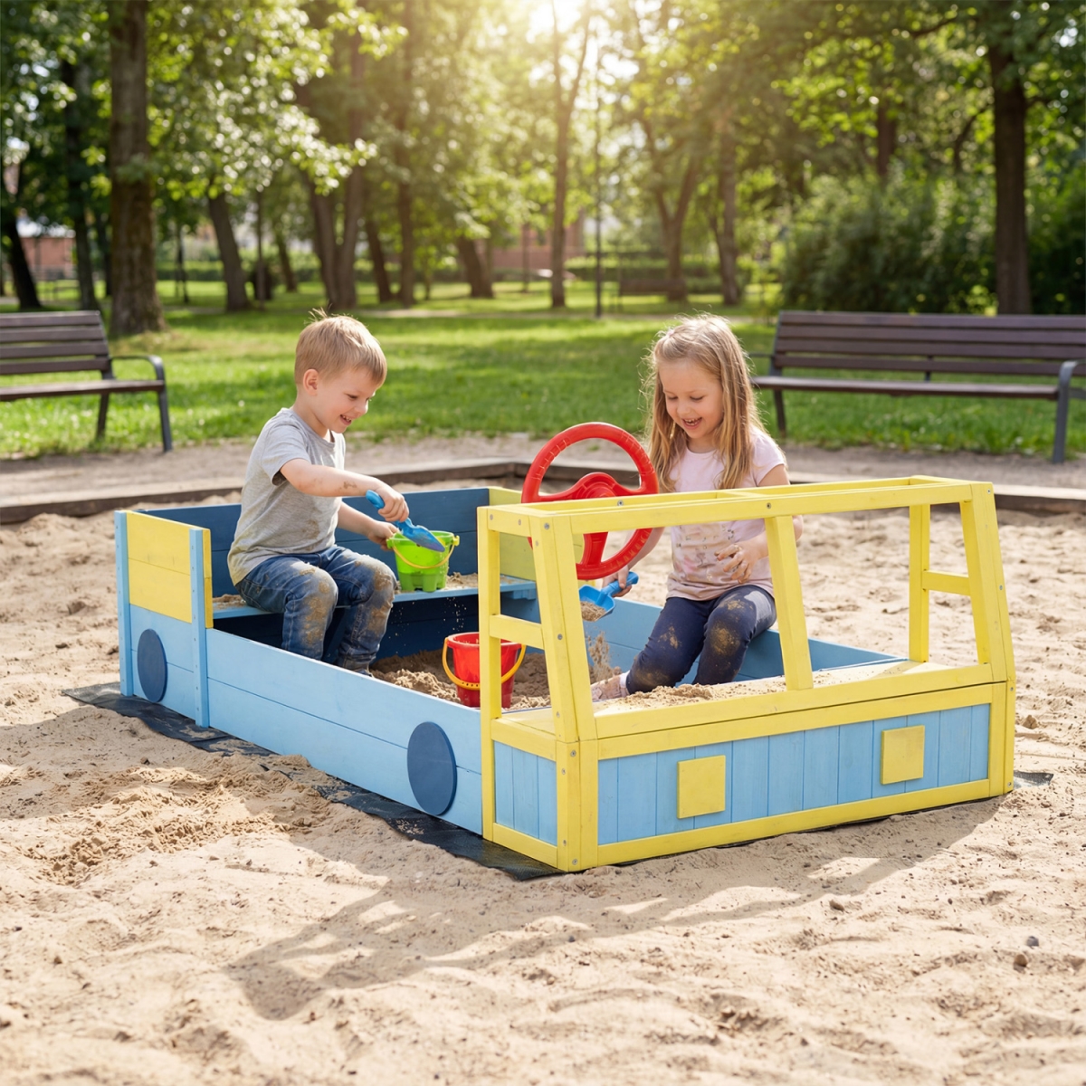 TP10504BL Large Car-Theme Sand Box with Bottom Liner & Fir Wood Frame - Blue
