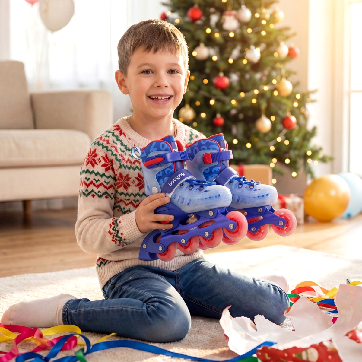TS10379BL 4-Size Adjustable Illuminating Kids Inline Skates with Light Up Wheels - Blue