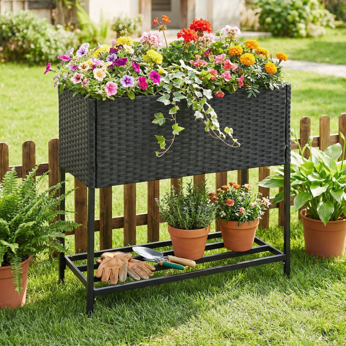 HW72719DK Elevated Garden Planter with Rattan Finish Bottom Shelf - Black