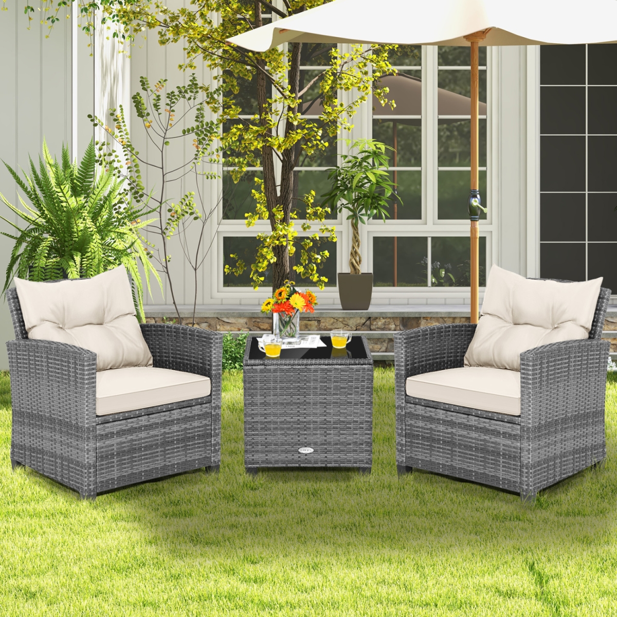 HW74912WH Outdoor Wicker Conversation Set with Tempered Glass Tabletop - White - 3 Piece