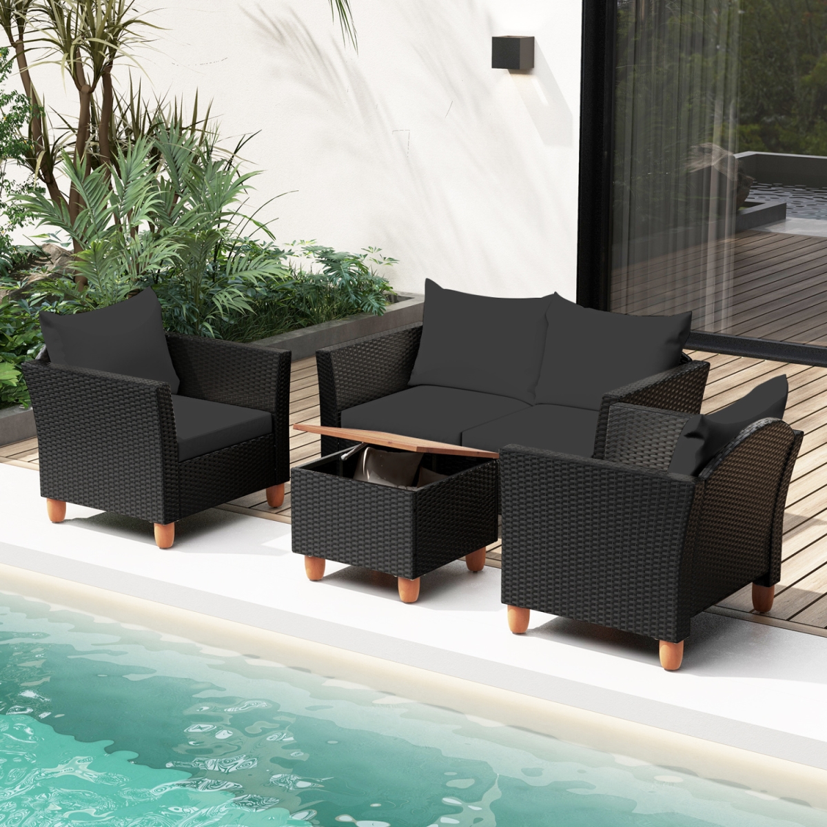 HW76022DK- Outdoor Conversation Set with Storage Coffee Table - Black - 4 Piece