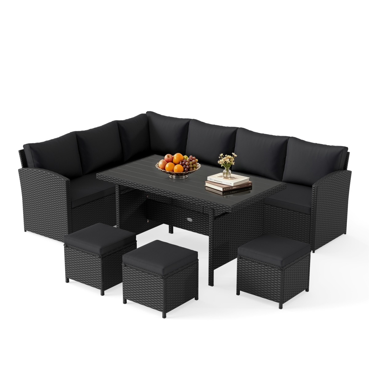 HW76088DK- Outdoor Wicker Sectional Sofa Set with Dining Table - Black - 7 Piece