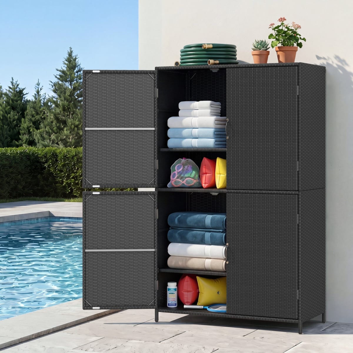 HW76224DK 4-Door Rattan Vertical Storage Shed with Adjustable Shelves - Black