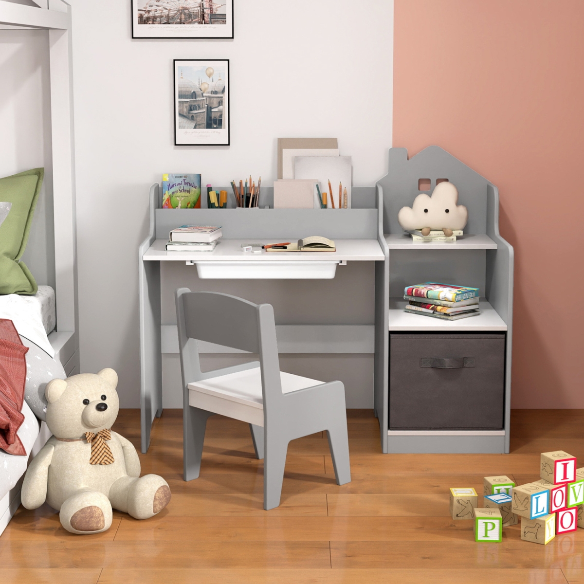 HY10354GR Kids Study Desk & Chair Set with Open Shelves Drawer & Fabric Storage Bin - Gray