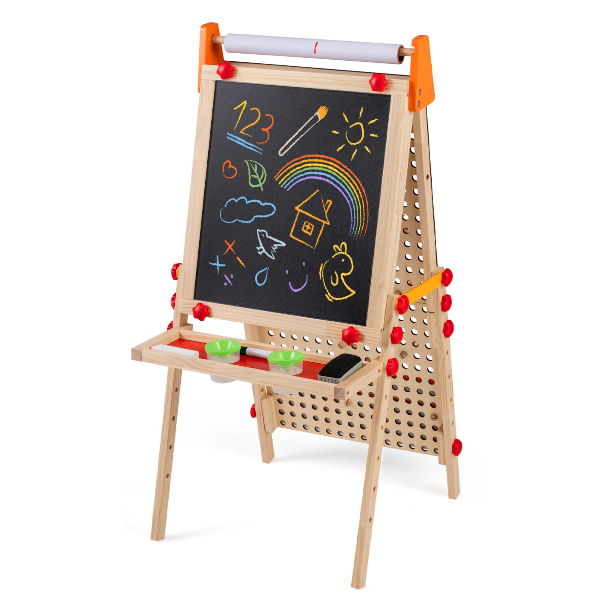 HY10441 4-in-1 Wooden Kids Art Easel Double-Sided Foldable with Paper Roll & Storage Tray - Natural