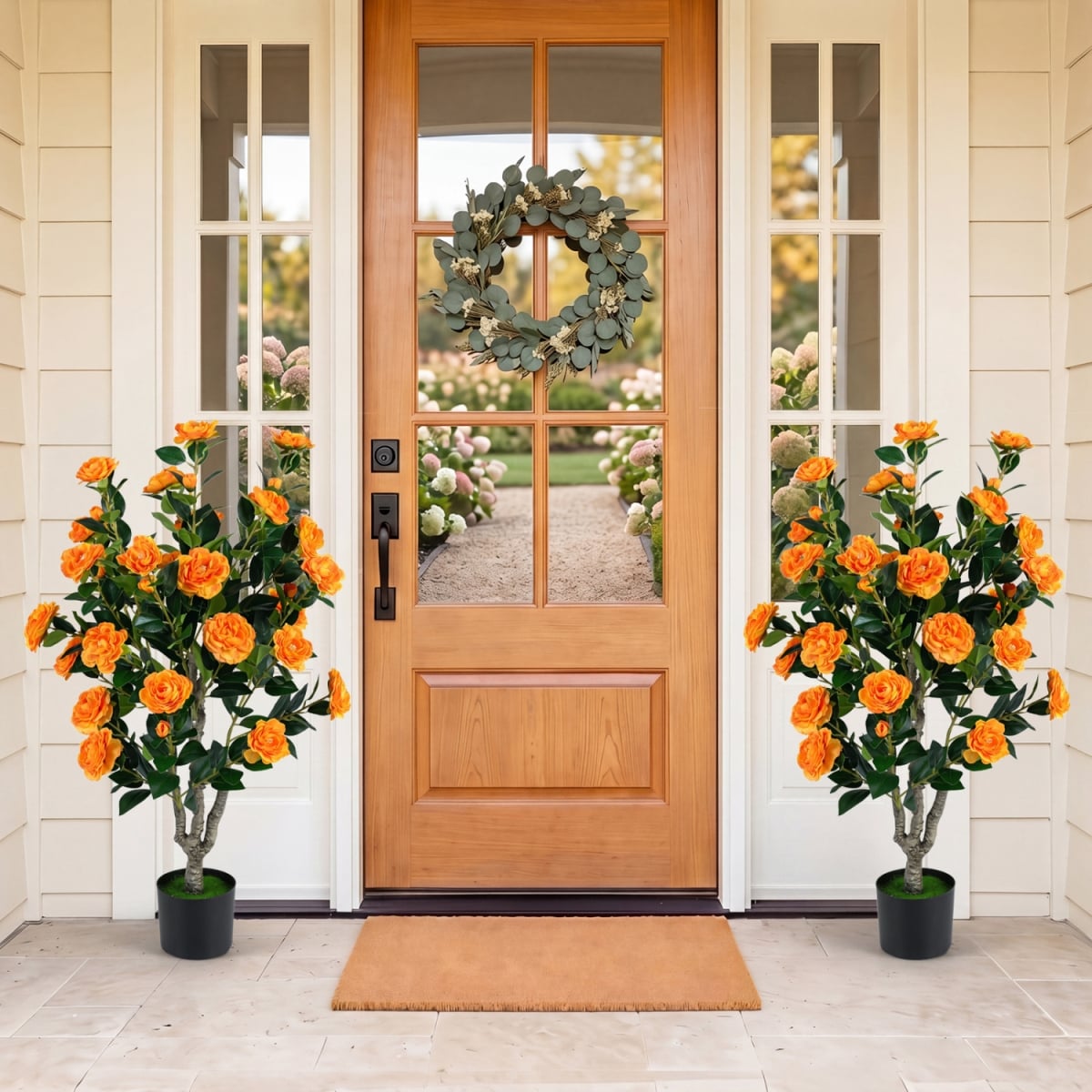 HZ10580JU-2 39.5 in. Artificial Camellia Tree with Orange Blossoms in Cement Pot for Decoration - Orange - Set of 2