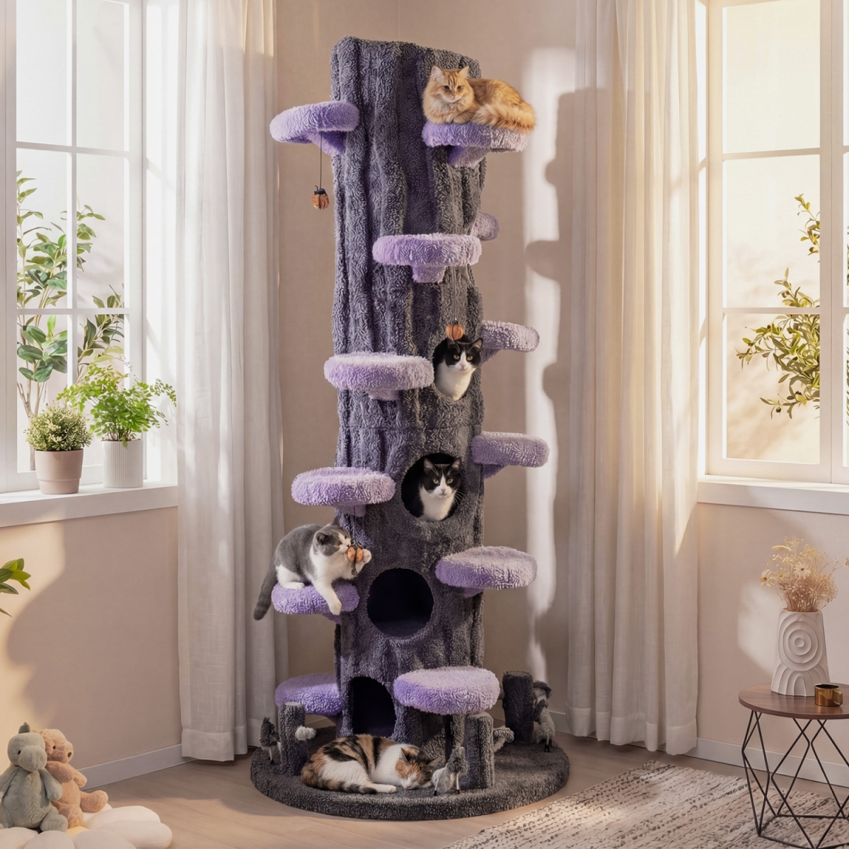 PV10210PU- 90.5 in. Tall Multifunctional Cat Tree with Private Condos for Indoor Cats - Purple