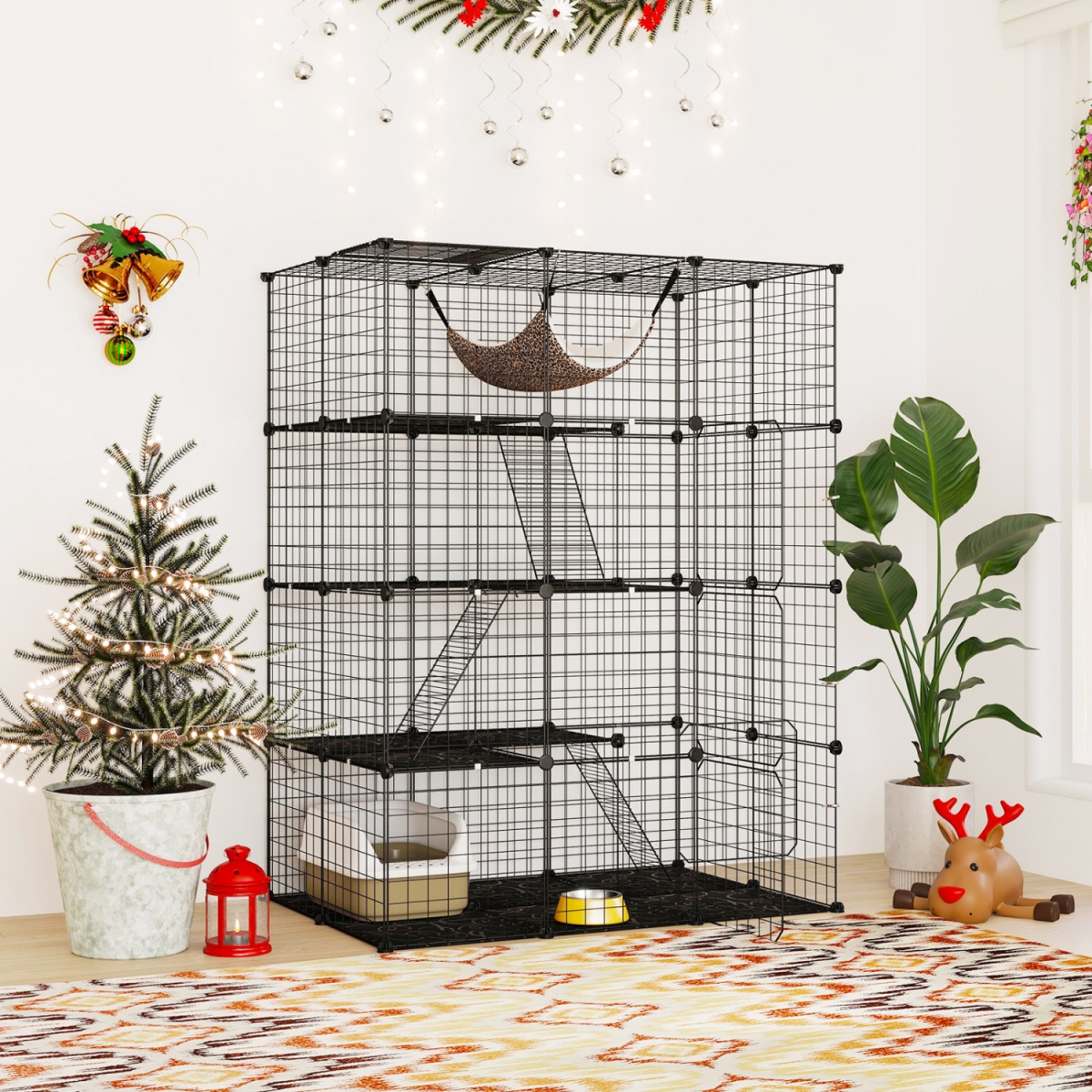 PV10319BK Large 4-Tier Cat Cage with Skylight & Hammock for 1-4 Cats - Black
