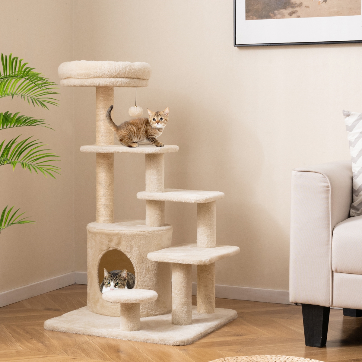 PV10345BE 40 in. Multi-Level Cat Tower with Condo & Dangling Jingle Ball - Beige