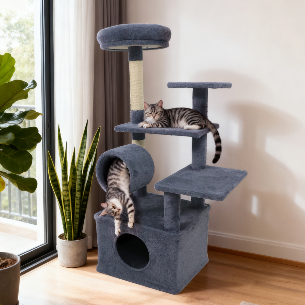 PV10481GR 48 in. Tall Cat Tree Multi-Level Kitten Tower with Large Condo Padded Top Perch - Gray