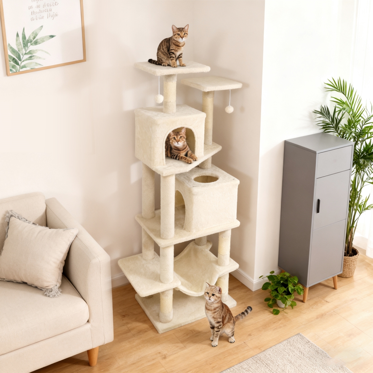 PV10488BE 57 in. Cat Tree with Dual Condos & Hammock & 2 Dangling Balls - Beige