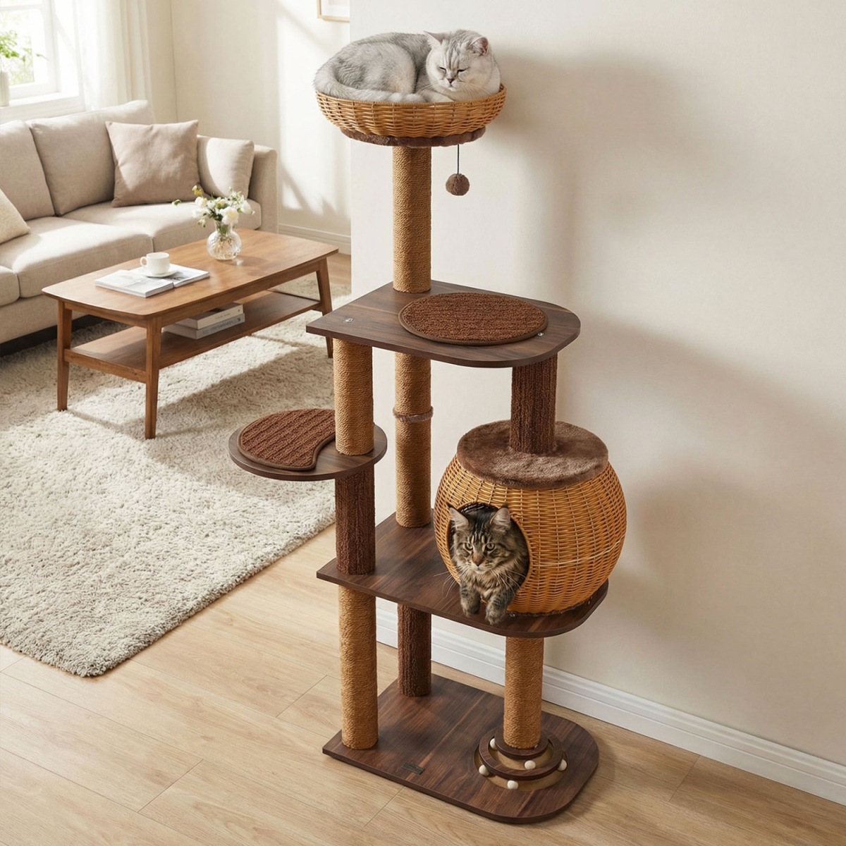 PV10492BN 59.5 in. Cat Tree Multi-Level Cat Tower with PE Rattan Cat Condo & Top Perch - Brown
