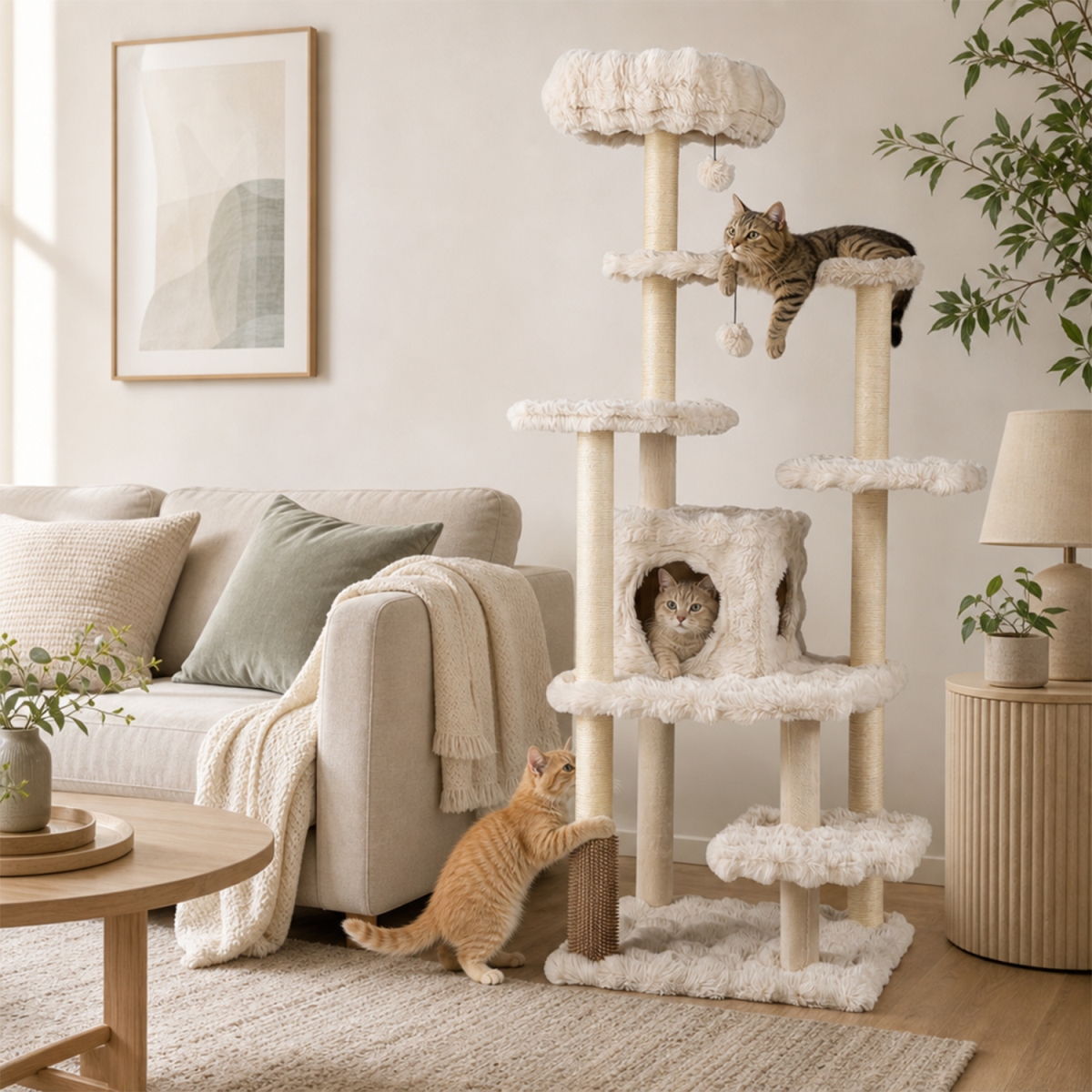 PV10636BE 67 in. Multi-Level Cat Tree with Large Cat Condo & Padded Perch - Beige