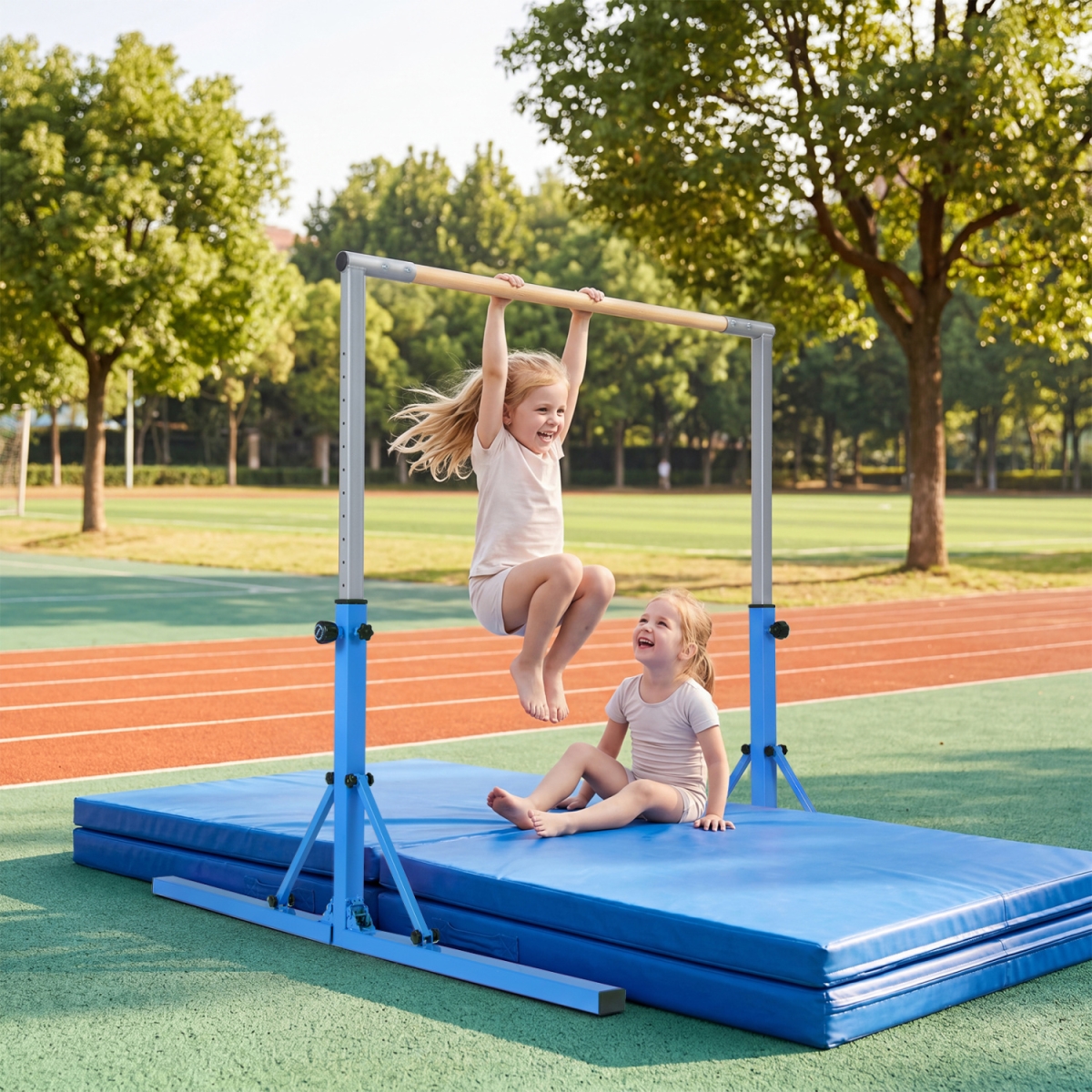 SP38923TD-BL Foldable Gymnastics Bar for Kids with 3-Level Adjustable Heights - Blue