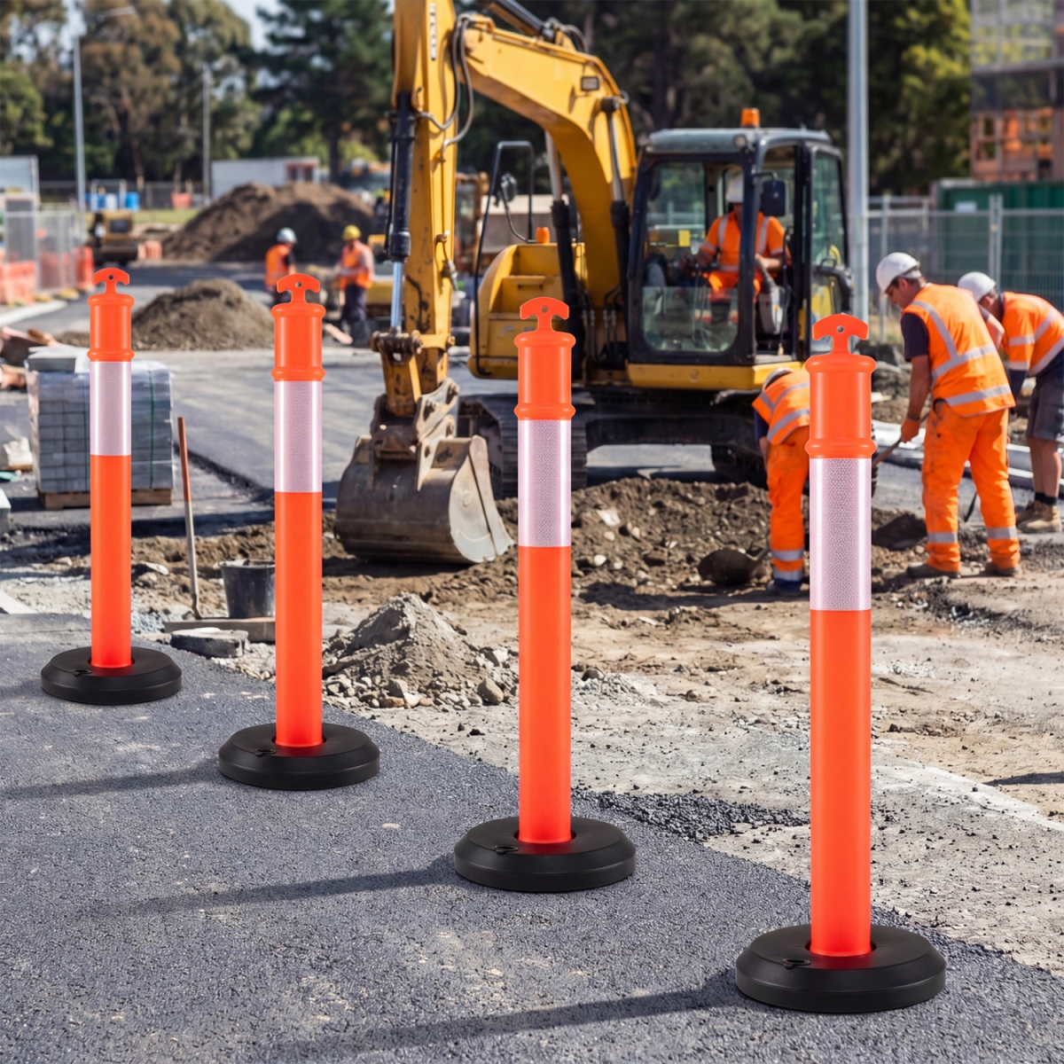 TG10022-3 Traffic Delineator Posts with Fillable Base for Parking Lots & Construction - Red, Black & White - Pack of 3
