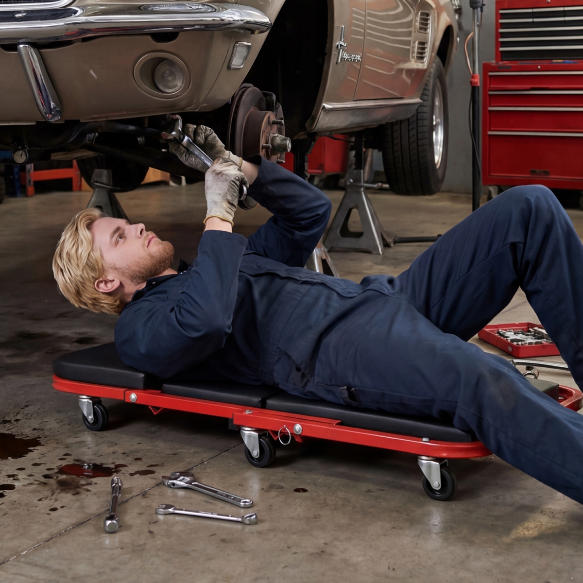 TH10116RE 2-in-1 Z-Shaped Rolling Garage Stool 36 in. Folding Flat Automotive Creeper - Red