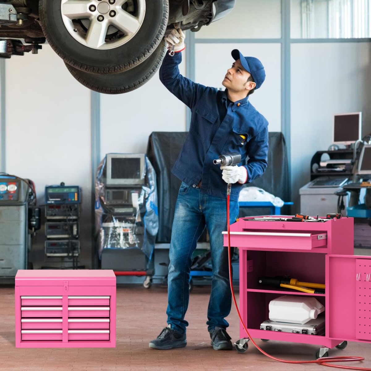 TL35688PI 2-in-1 Rolling Tool Chest with 5 Sliding Lockable Drawers - Pink