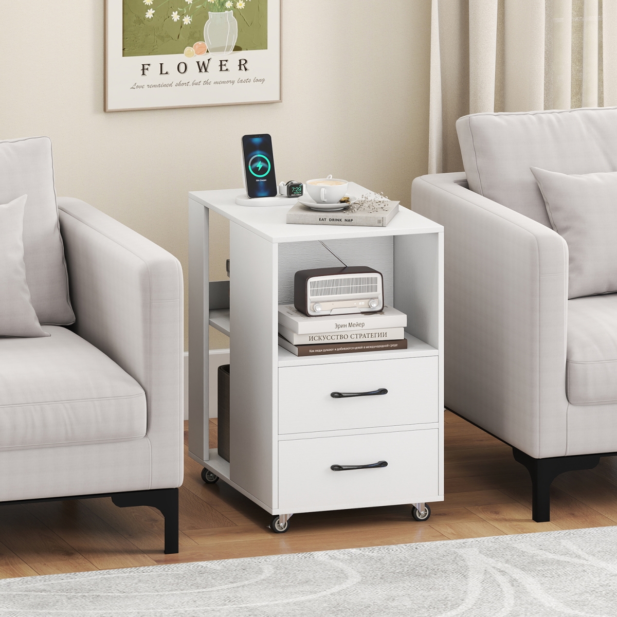 JV12764US-WH End Table with Built-in Charging Station Sofa Side Bedside Table on Wheels - White