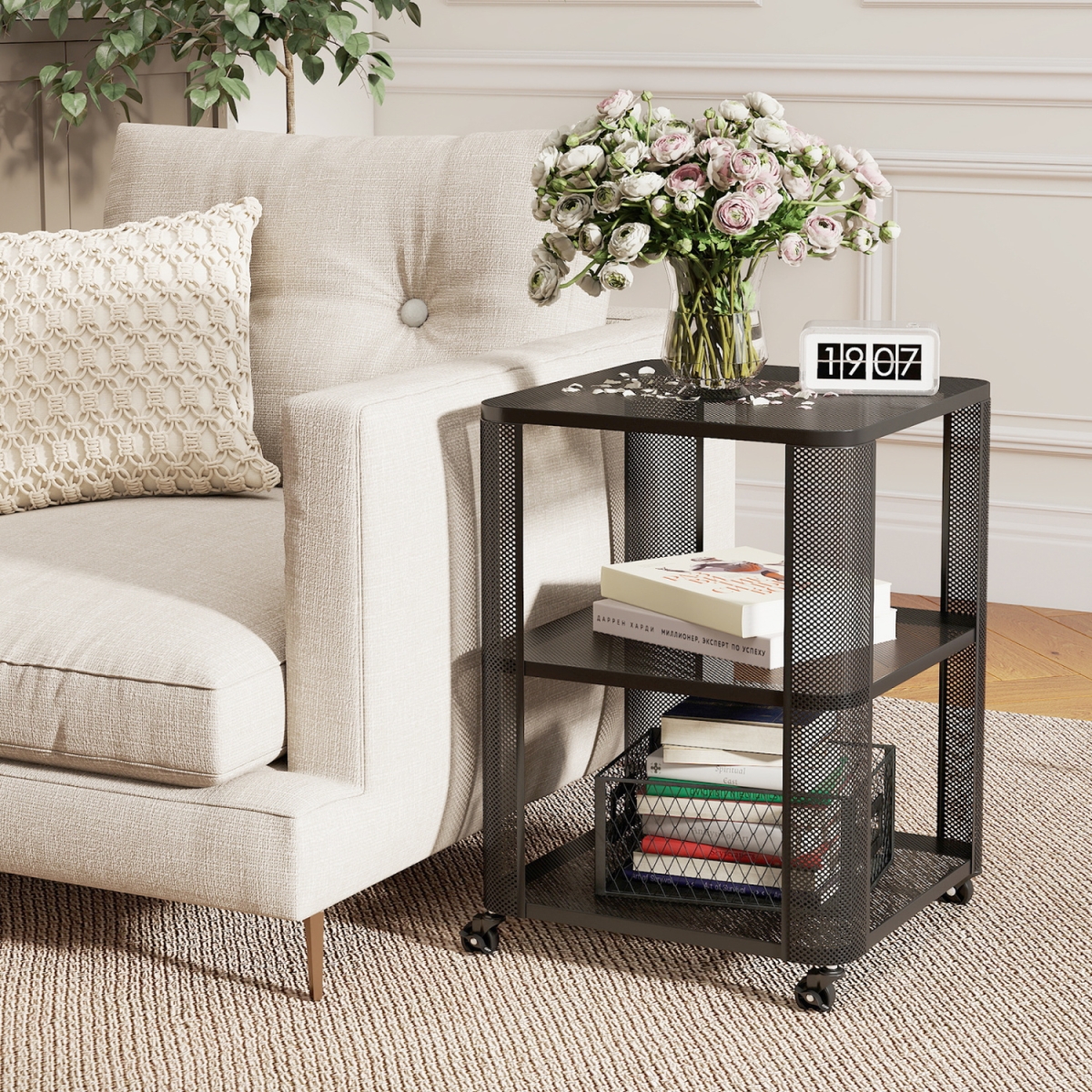 JV13055DK-2 3-Tier End Table with Wheels Rolling Side Table with Open Storage Shelves - Set of 2