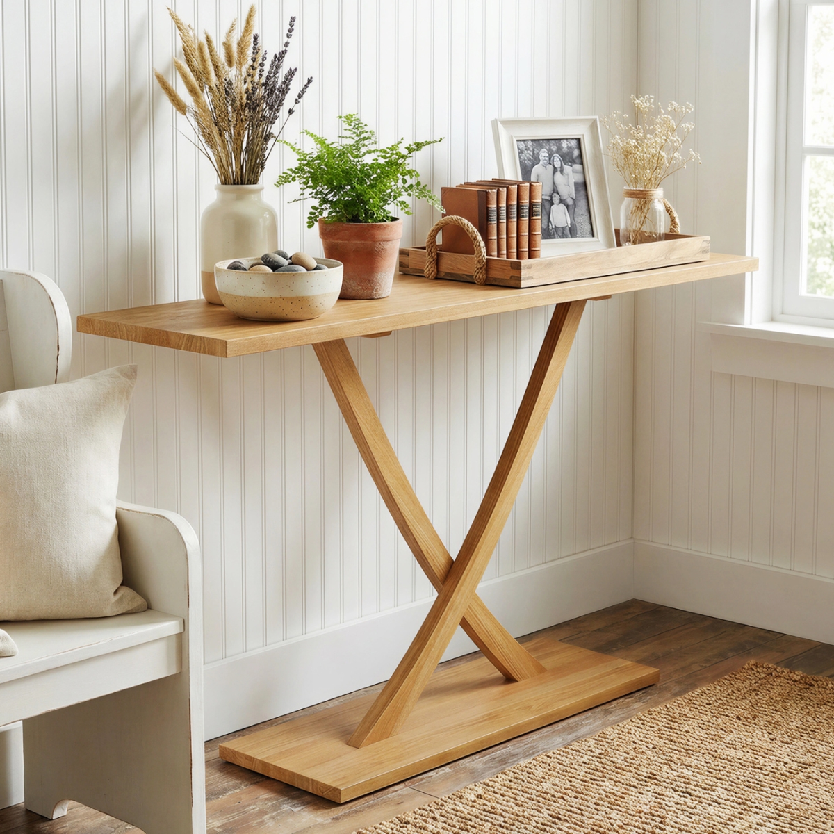 JV13136 57 in. Solid Wood Console Table with Teak Wood Frame & Geometric Design