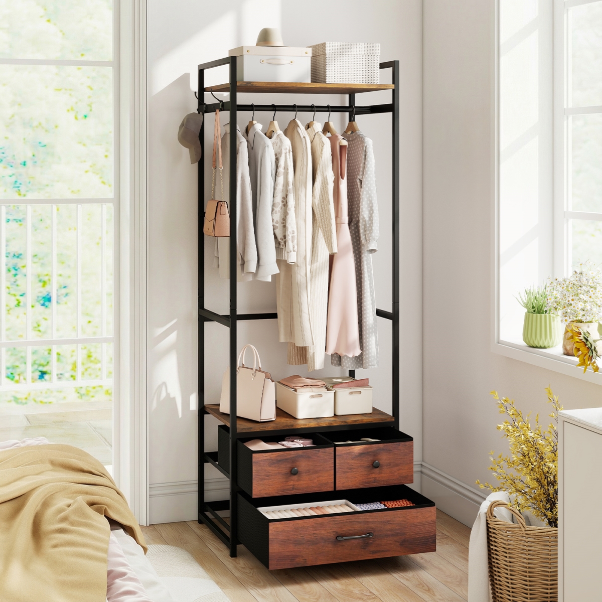 JV13288CF Clothes Rack with Drawers & Shelves with Side Hooks & Metal Frame - Rustic Brown
