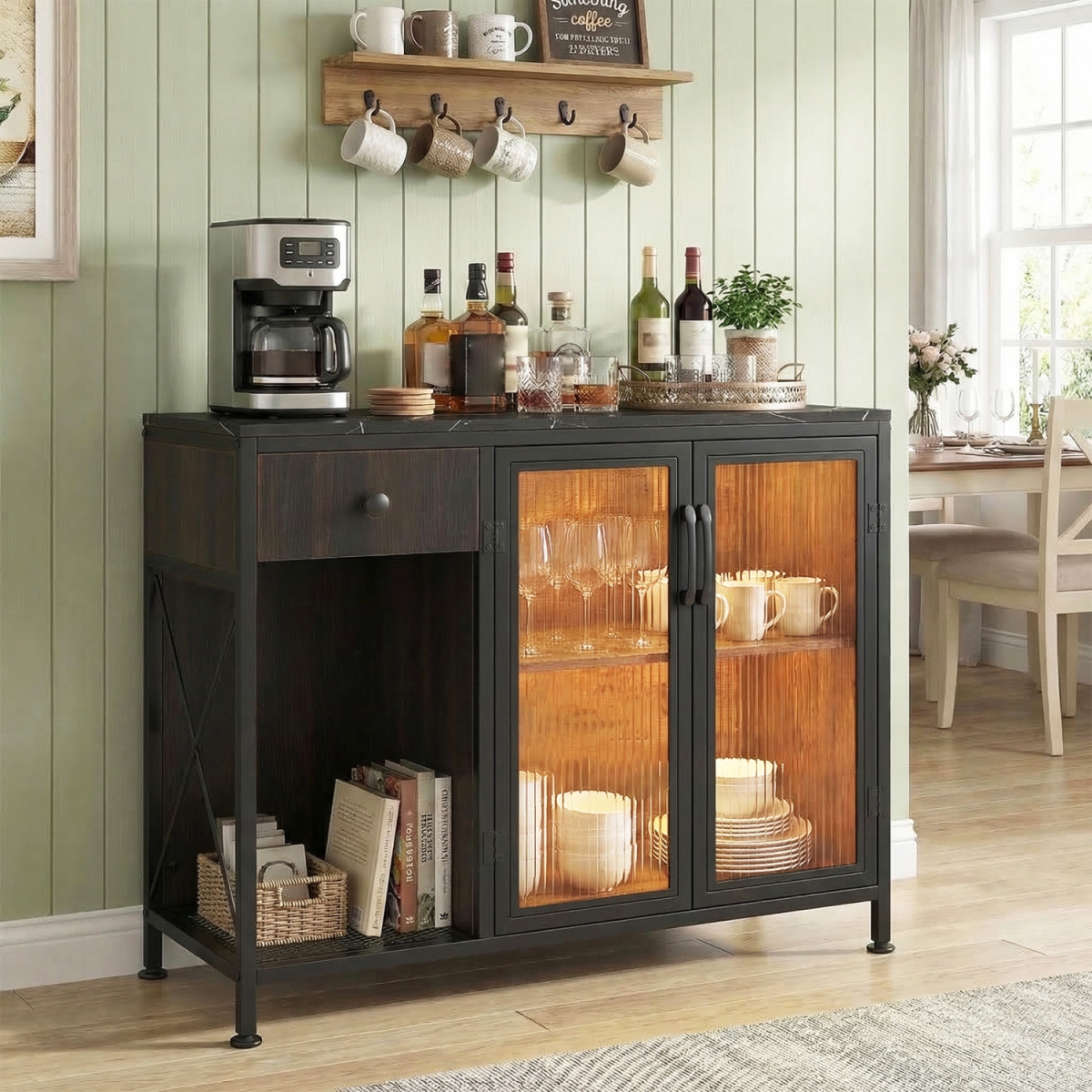 JV13541US-DK Buffet Sideboard with Doors Power Outlets & LED Light - Black