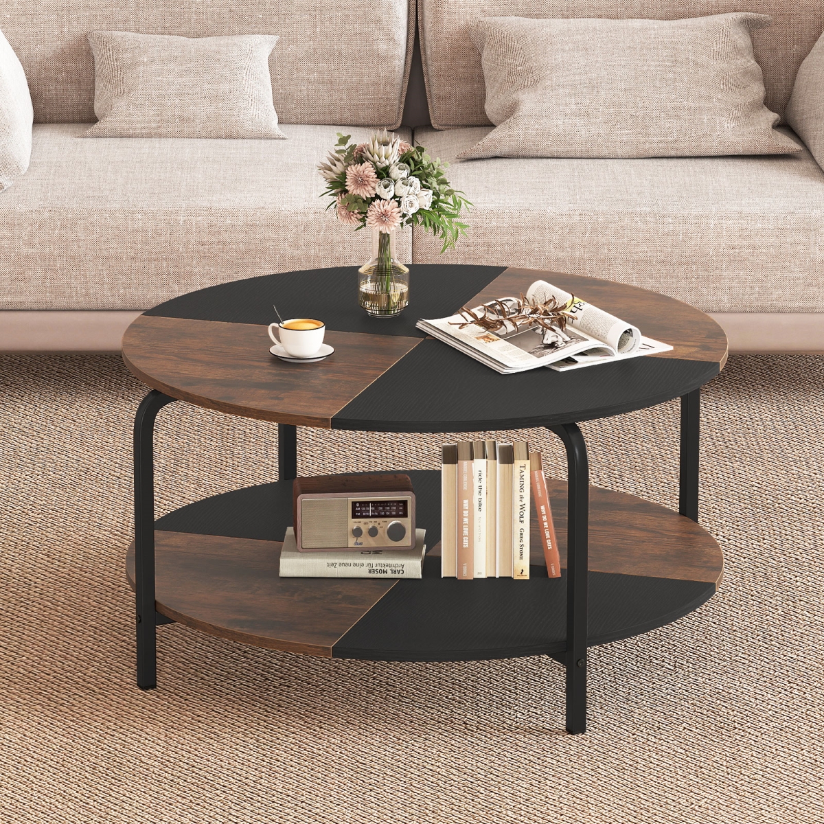 JV13572DC 2-Tier Round Coffee Table Metal Frame with Storage Shelf - Rustic Brown