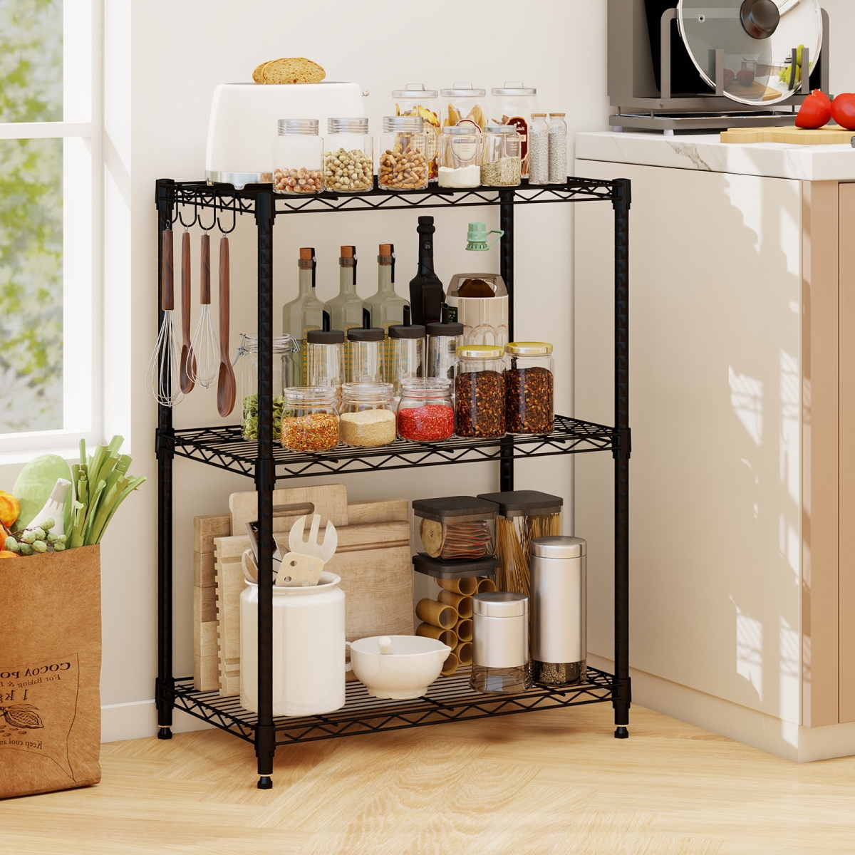 JV13576DK 3-Tier Metal Storage Shelving Unit with V-Shaped Wire Rack & 450 lbs Capacity - Black