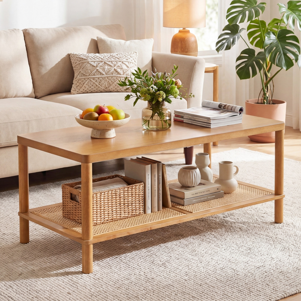 JV13652BN 2-Tier Boho Coffee Table for Living Room Rectangular Center Table with Rubber Wood Frame & PVC Rattan Storage Shelf - Rustic Brown
