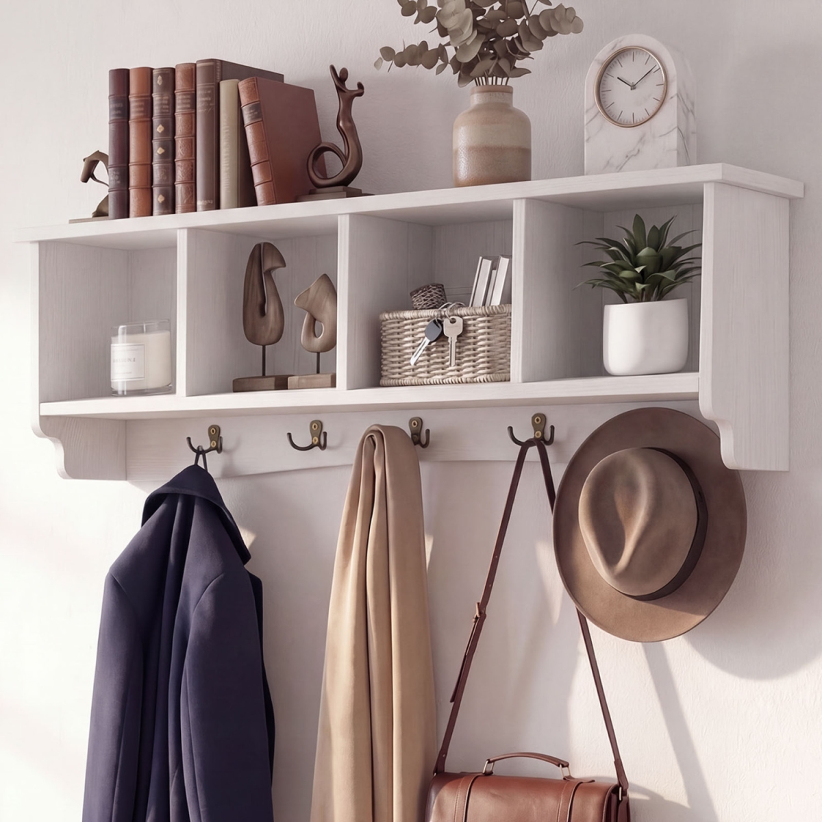 JV13659WH Wall-Mounted Coat Rack with 4 Cubbies & 5 Double Hooks & Wooden Shelf - White