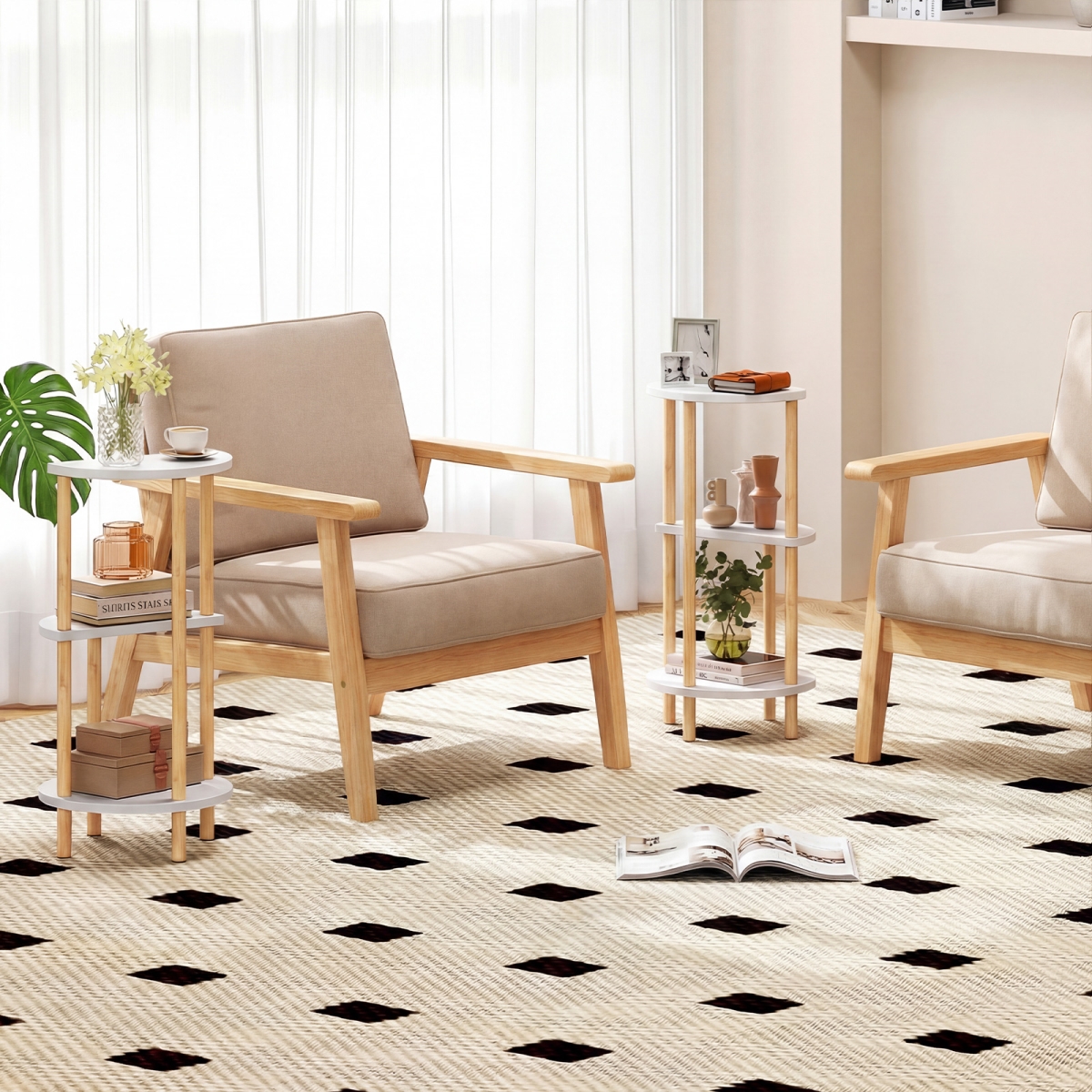 JV13706WH-2 Round Side Table Compact with 3-Tier Shelves & Bamboo Construction - White - Set of 2