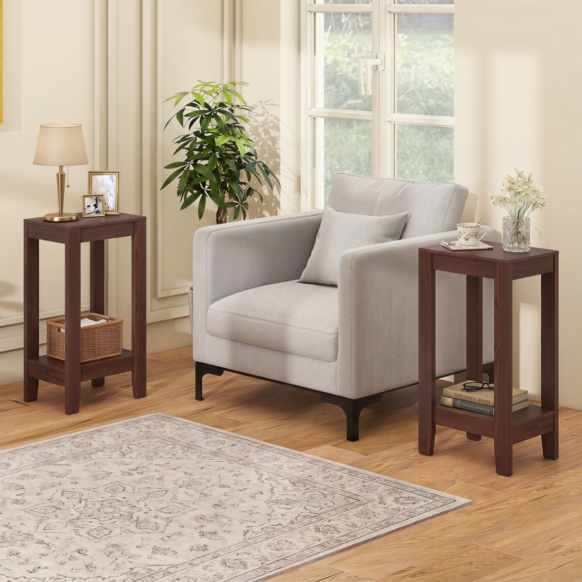 JV13740BN-2 Versatile 2-Tier End Tables with Storage Shelf - Brown - Set of 2