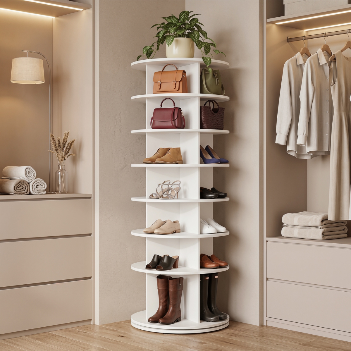 JV13847WH 7-Tier Rotating Shoe Rack Tower Freestanding Spinning Shoe Organizer - White