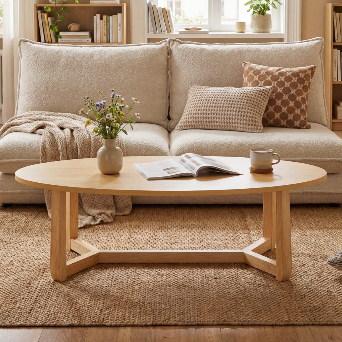 JV13875NA Oval Coffee Table 46 in. Wooden Accent Table with Thickened Top - Natural