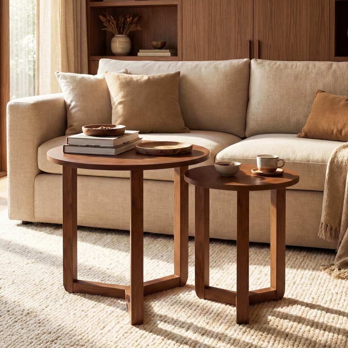 JV13877WN Round Nesting Coffee Table Wood Nesting End Tables with Thickened Top - Walnut - Set of 2