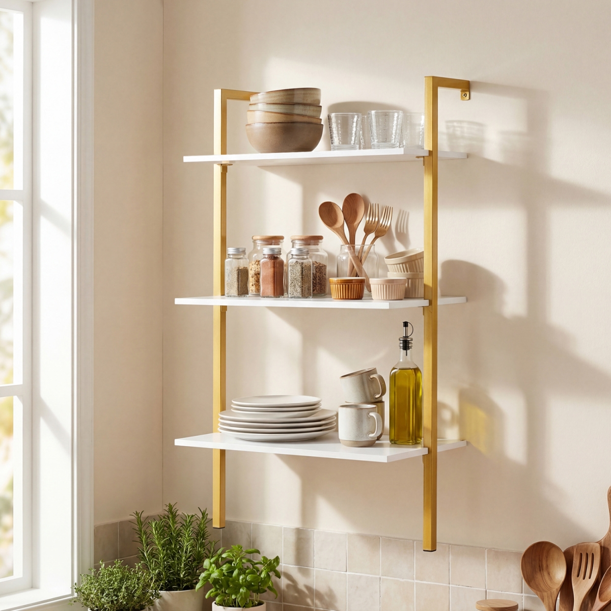 JV13924WH 3-Tier Modern Wall Mounted Shelves Wooden Floating Shelving Unit Metal Ladder Bookshelf - White