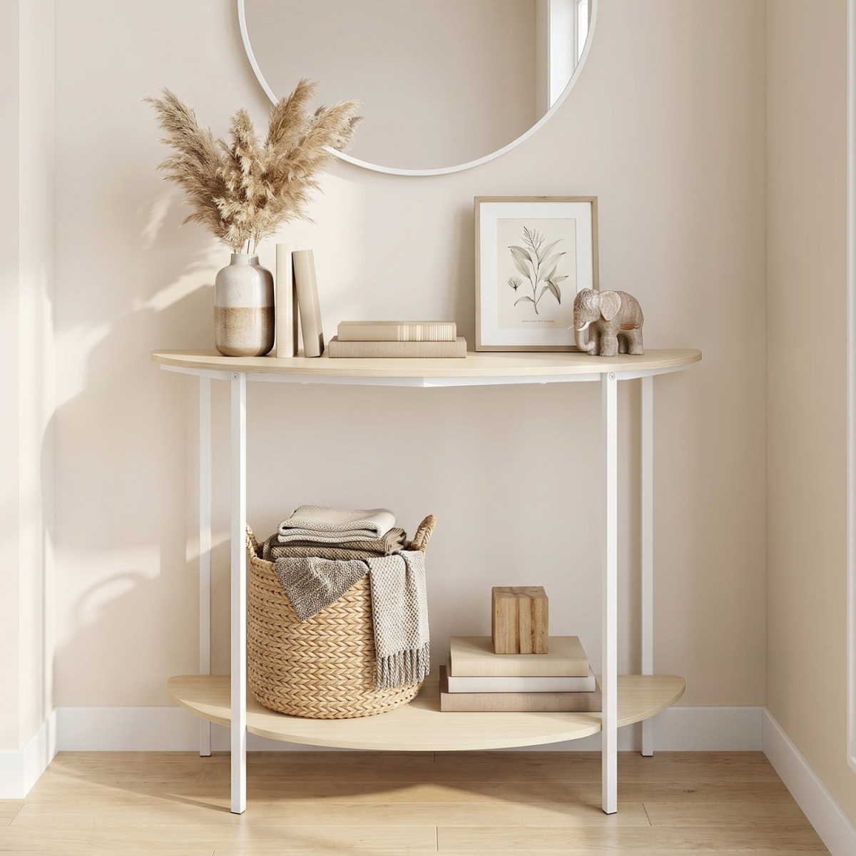 JV13986LO Half Moon Console Table 40 in. 2-Tier Entryway Table with Storage Shelf - Oak