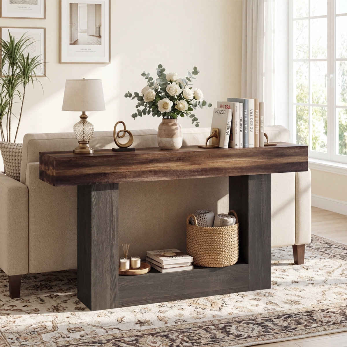 JV14094CF 2-Tier Farmhouse Console Table 63 in. Long with Storage Shelf - Rustic Brown