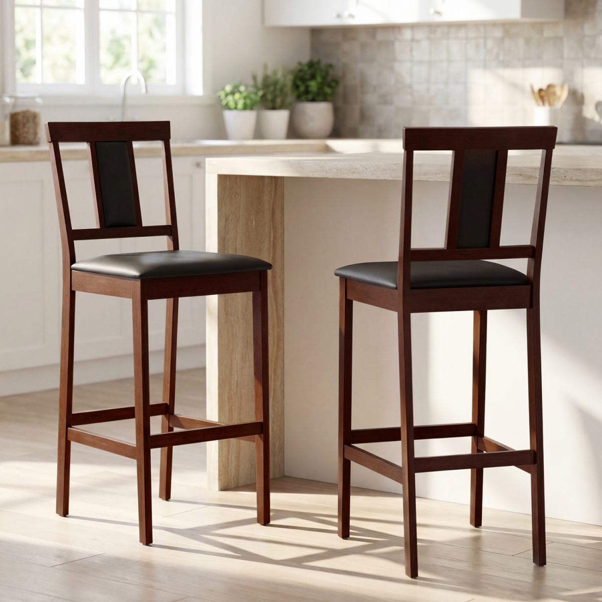 JV14158BN-2 Upholstered Barstool 29.5 in. Bar Height with Solid Rubber Wood Frame - Walnut - Set of 2