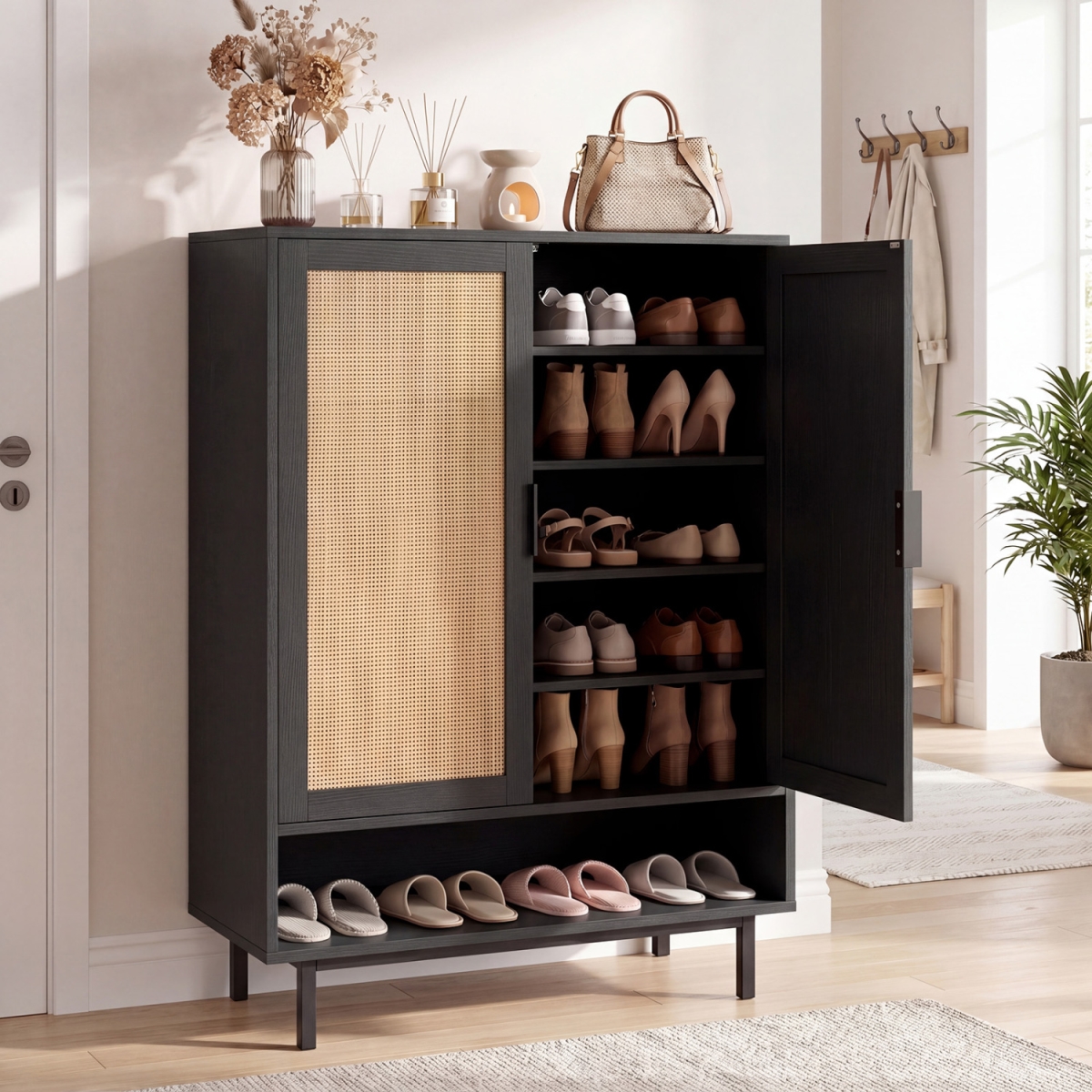 JV14165DK 43 in. 6-Tier Tall Shoe Cabinet with Double Doors - Black