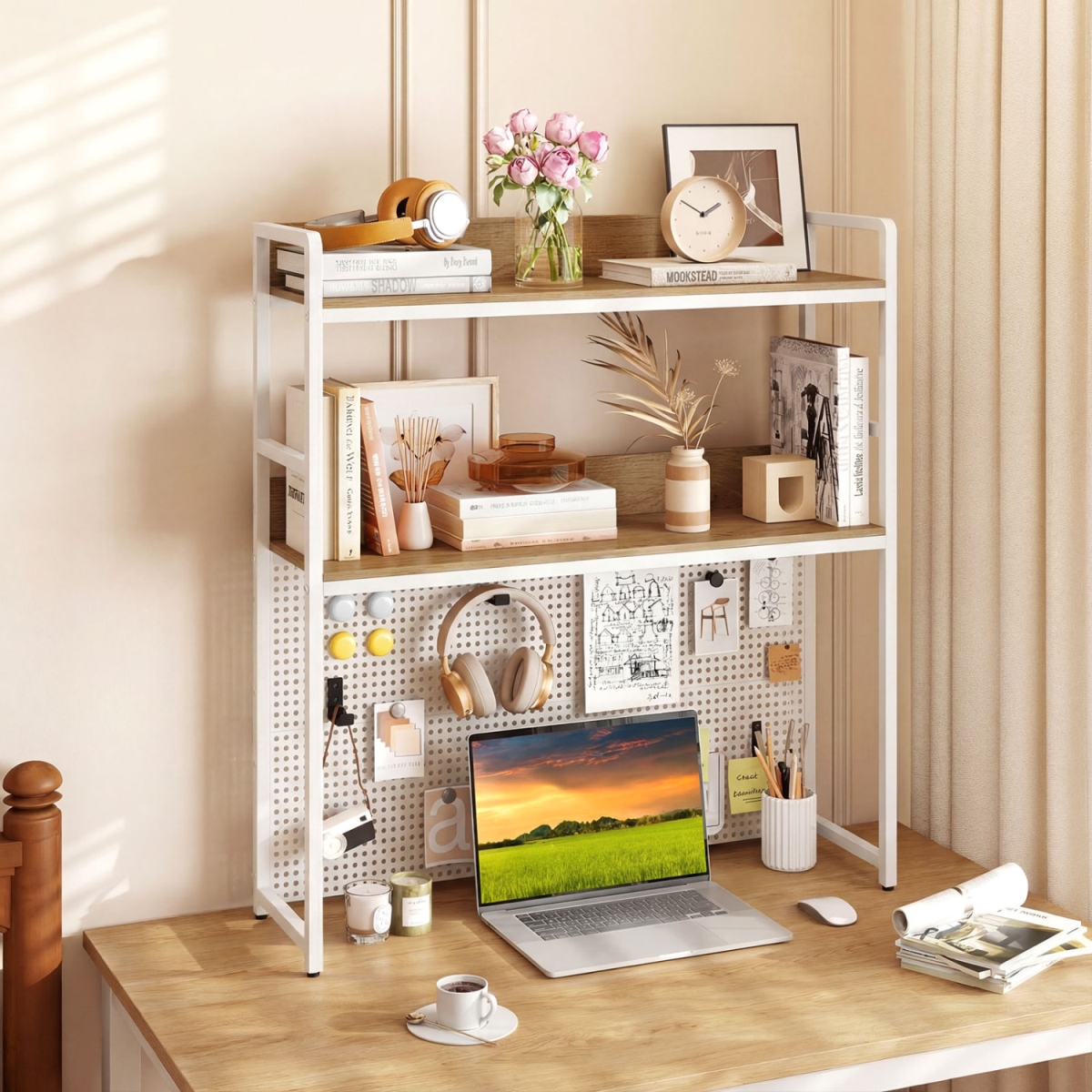JV14205NA Multipurpose 2-Tier Desktop Bookshelf with Pegboard for Up to 32 in. Computer Monitor - Natural
