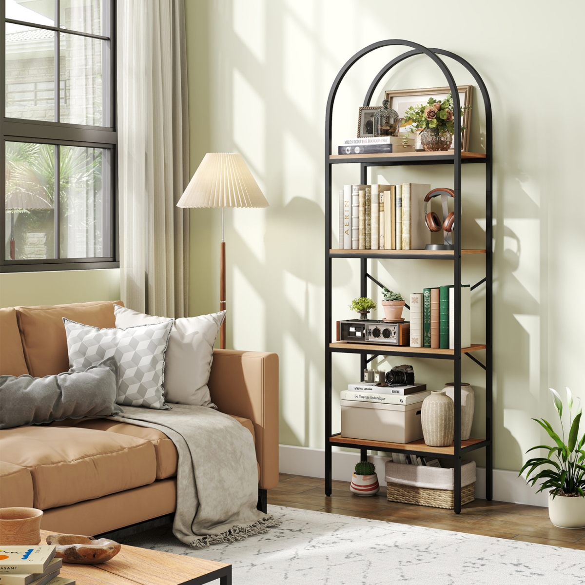 JV14507CF 71 in. Tall Arched Bookcase 4-Tier with Storage Shelves & Metal Frame for Home Office - Brown & Black