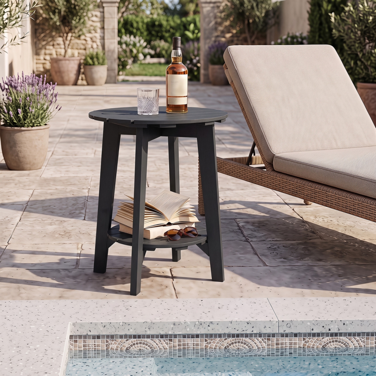 JV14662DK-1 2-Tier Outdoor Eucalyptus Wood Side Table with Slatted Tabletop & Storage Shelf for Backyard - Black